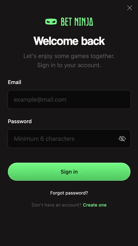 BetNinja login screen