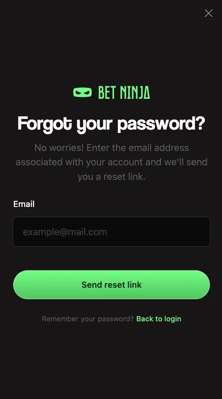 BetNinja password reset screen